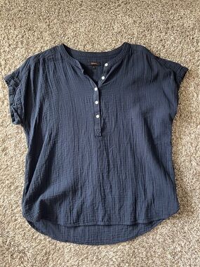 Quince Navy Cotton Gauze Henley Tunic Top
